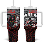 Custom Penrith Panthers Tumbler With Handle Black Panther Warrior Polynesia Islander Rugby Mascot