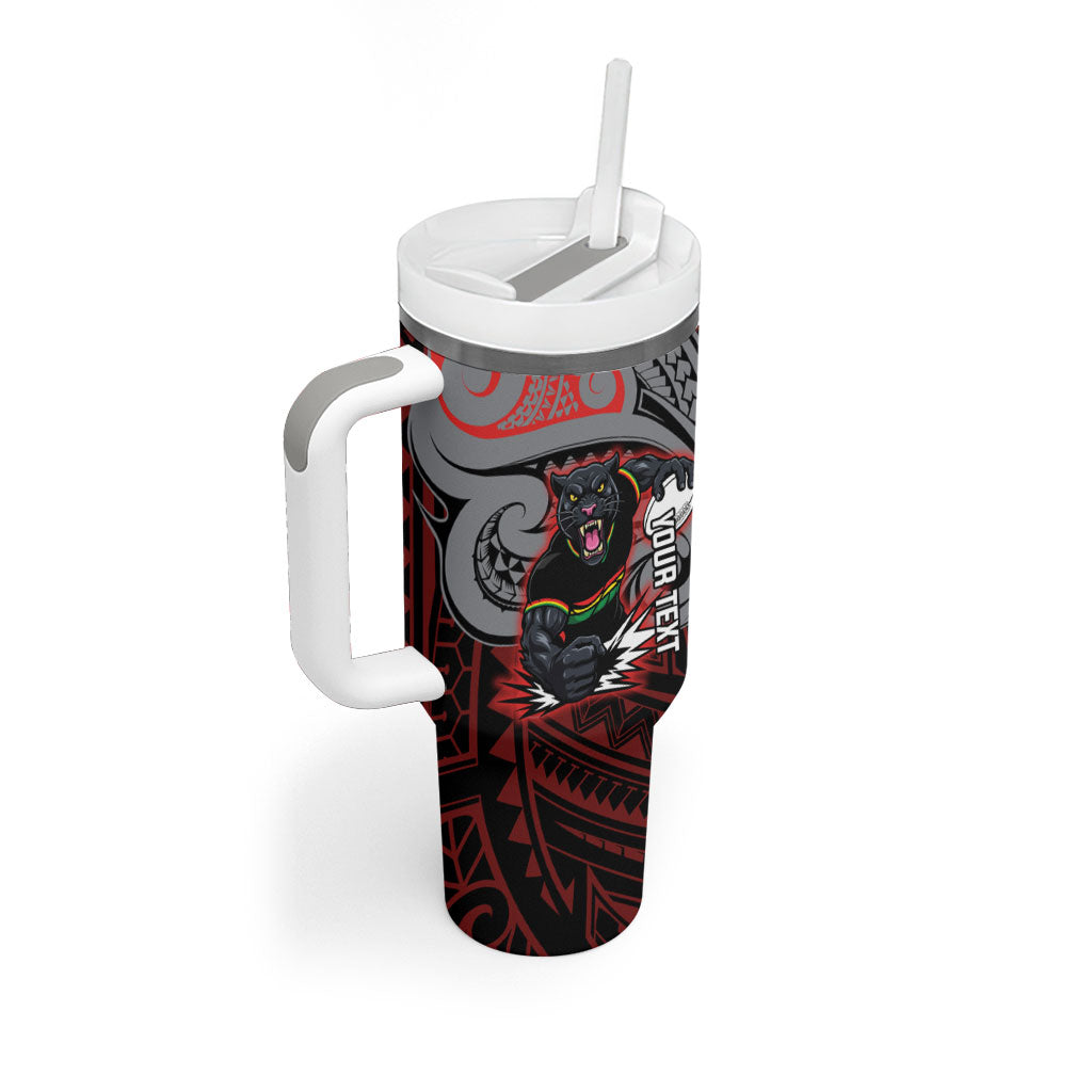 Custom Penrith Panthers Tumbler With Handle Black Panther Warrior Polynesia Islander Rugby Mascot