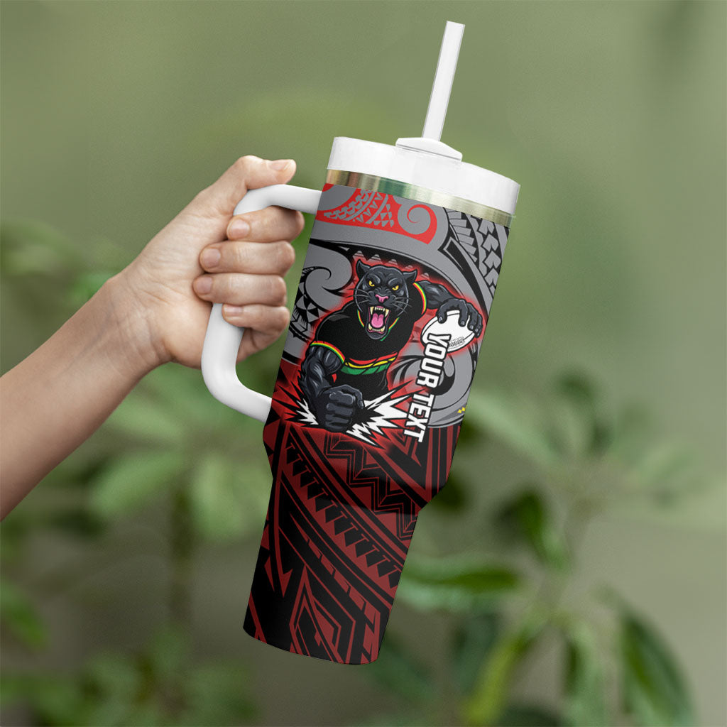 Custom Penrith Panthers Tumbler With Handle Black Panther Warrior Polynesia Islander Rugby Mascot