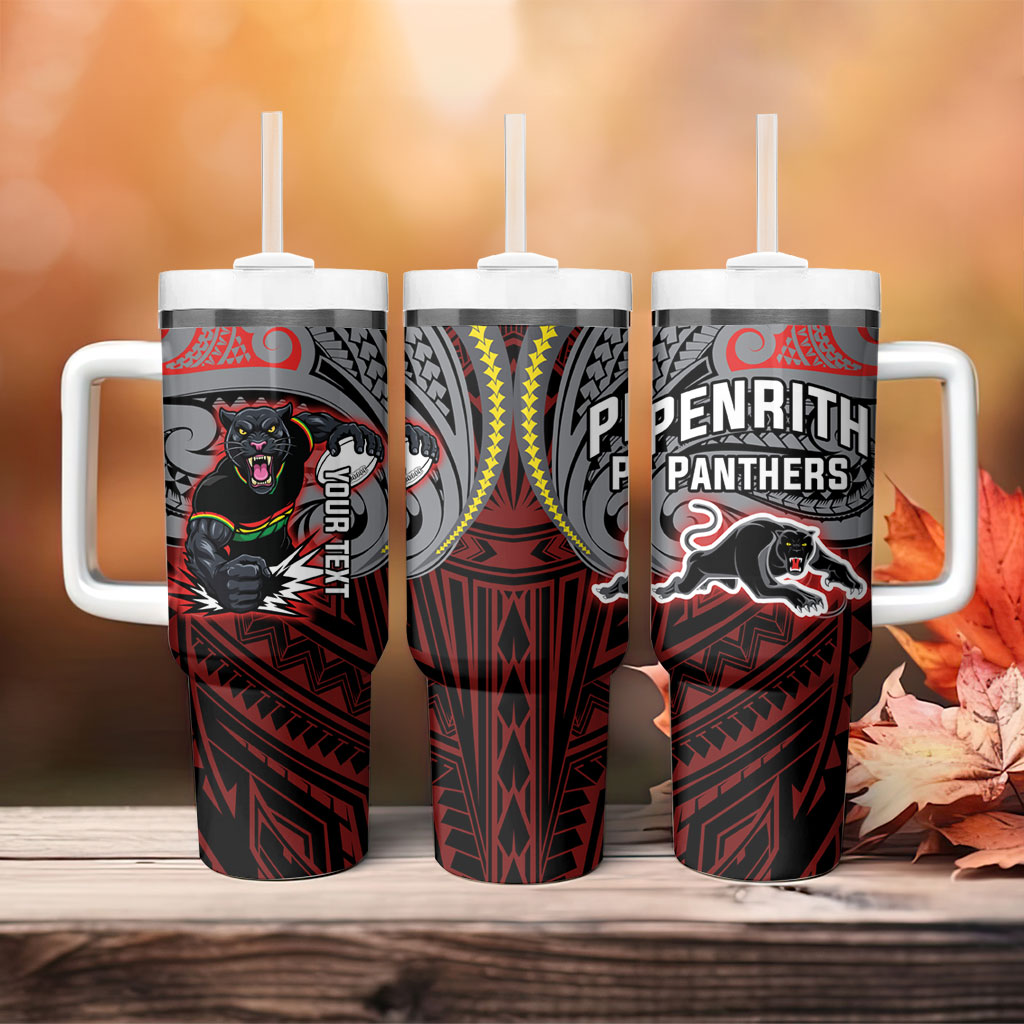 Custom Penrith Panthers Tumbler With Handle Black Panther Warrior Polynesia Islander Rugby Mascot
