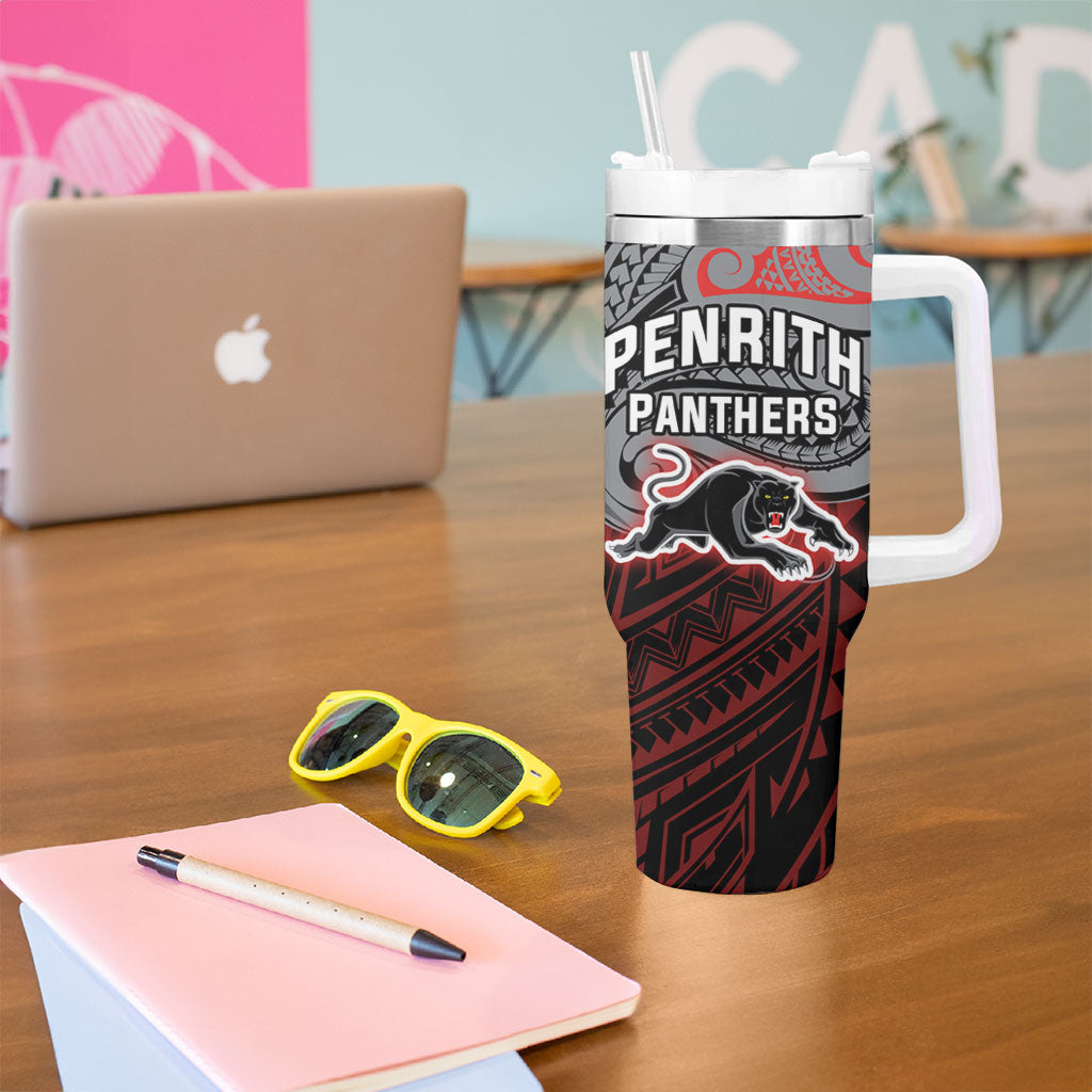 Custom Penrith Panthers Tumbler With Handle Black Panther Warrior Polynesia Islander Rugby Mascot