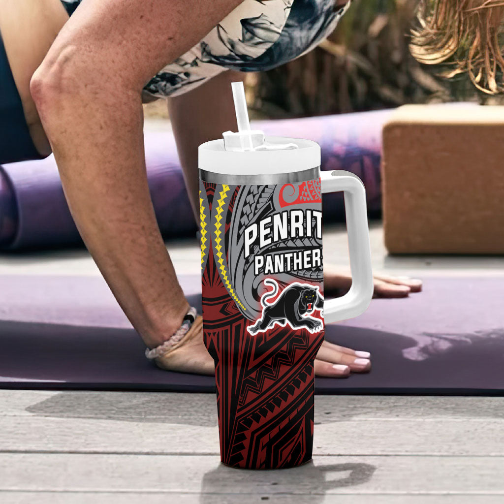 Custom Penrith Panthers Tumbler With Handle Black Panther Warrior Polynesia Islander Rugby Mascot