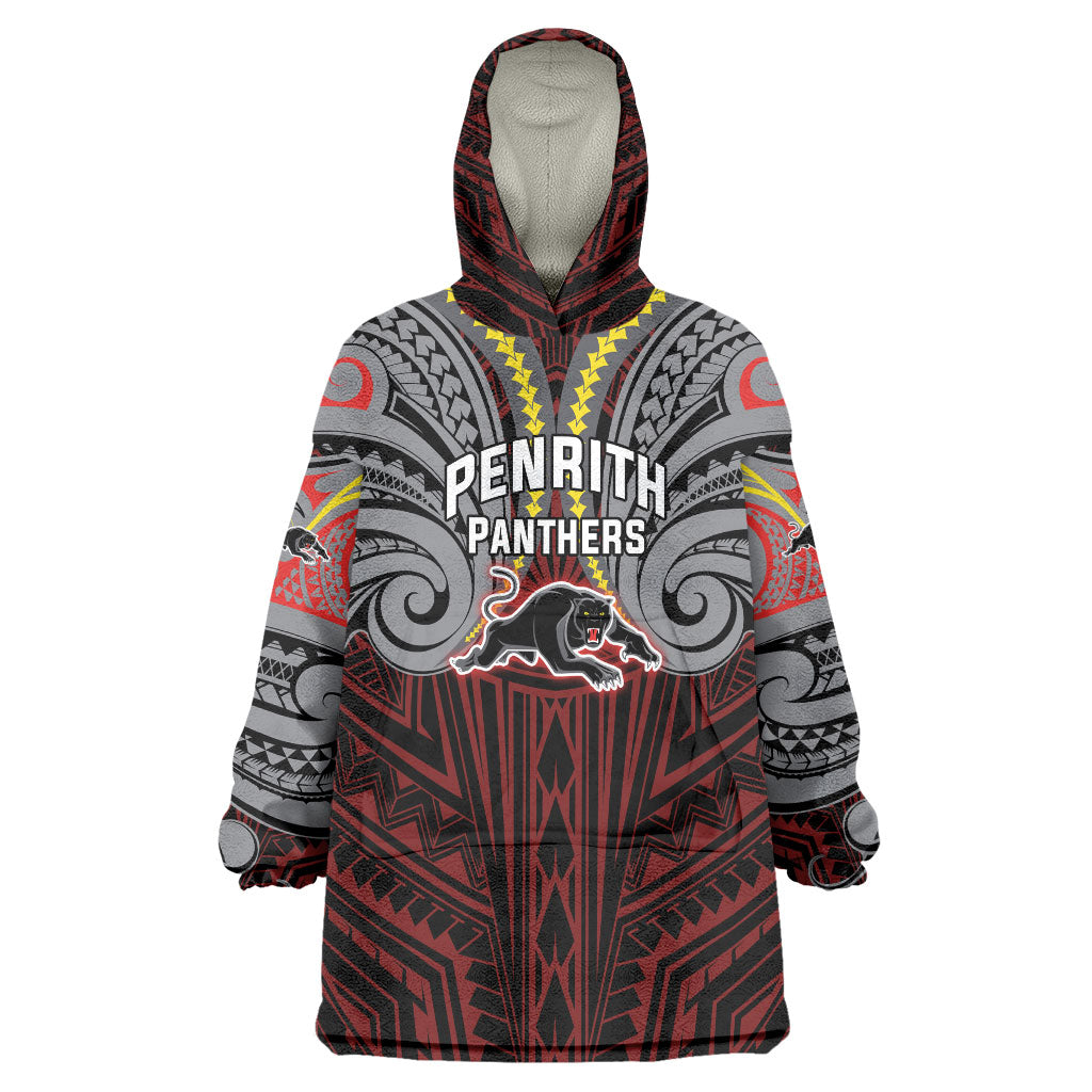 Custom Penrith Panthers Wearable Blanket Hoodie Black Panther Warrior Polynesia Islander Rugby Mascot