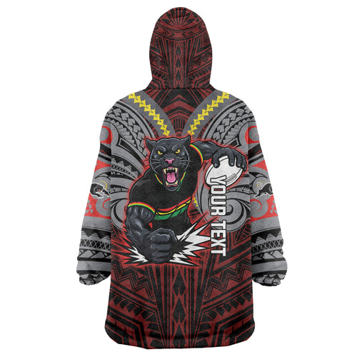 Custom Penrith Panthers Wearable Blanket Hoodie Black Panther Warrior Polynesia Islander Rugby Mascot