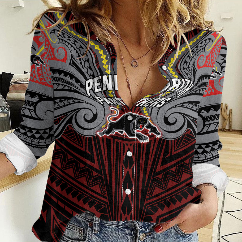 Custom Penrith Panthers Women Casual Shirt Black Panther Warrior Polynesia Islander Rugby Mascot