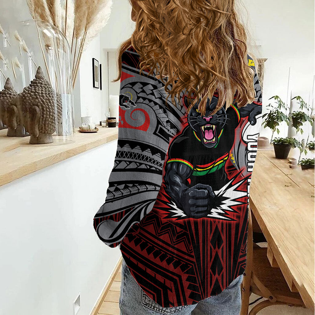 Custom Penrith Panthers Women Casual Shirt Black Panther Warrior Polynesia Islander Rugby Mascot
