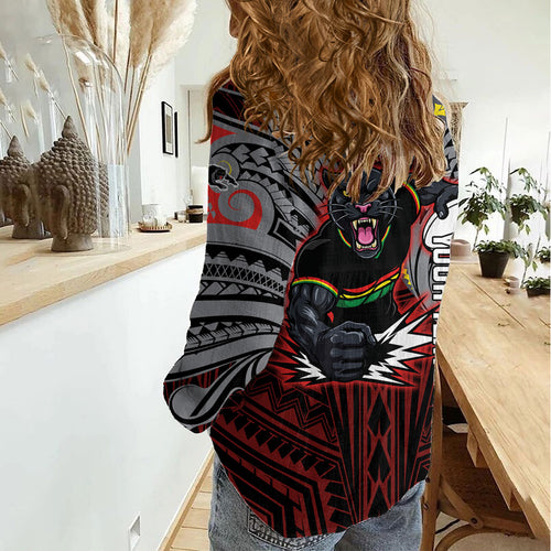 Custom Penrith Panthers Women Casual Shirt Black Panther Warrior Polynesia Islander Rugby Mascot