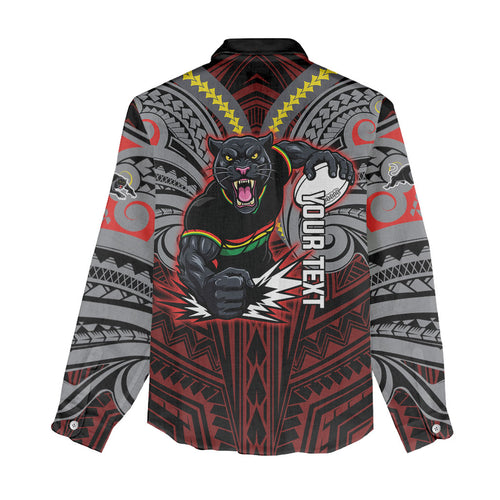 Custom Penrith Panthers Women Casual Shirt Black Panther Warrior Polynesia Islander Rugby Mascot