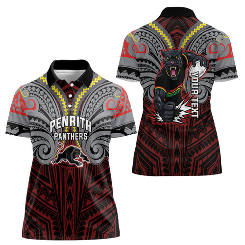 Custom Penrith Panthers Women Polo Shirt Black Panther Warrior Polynesia Islander Rugby Mascot