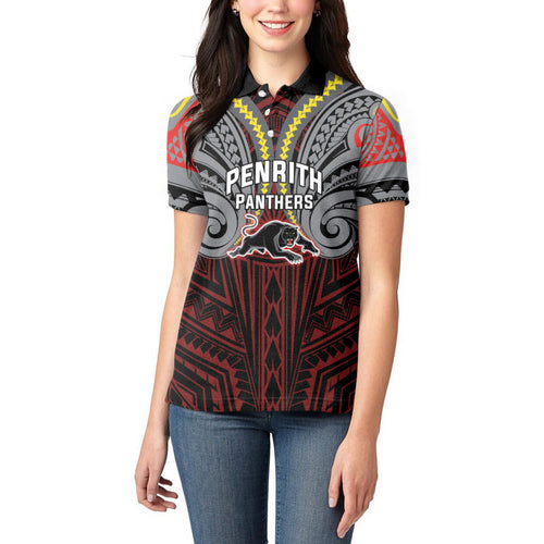 Custom Penrith Panthers Women Polo Shirt Black Panther Warrior Polynesia Islander Rugby Mascot