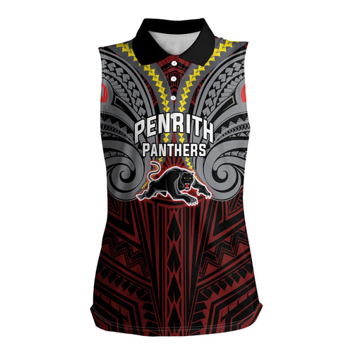 Custom Penrith Panthers Women Sleeveless Polo Shirt Black Panther Warrior Polynesia Islander Rugby Mascot