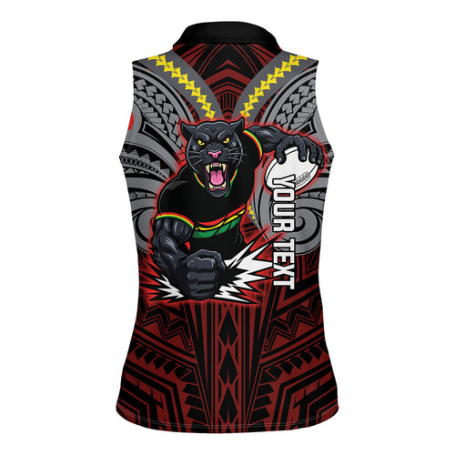 Custom Penrith Panthers Women Sleeveless Polo Shirt Black Panther Warrior Polynesia Islander Rugby Mascot