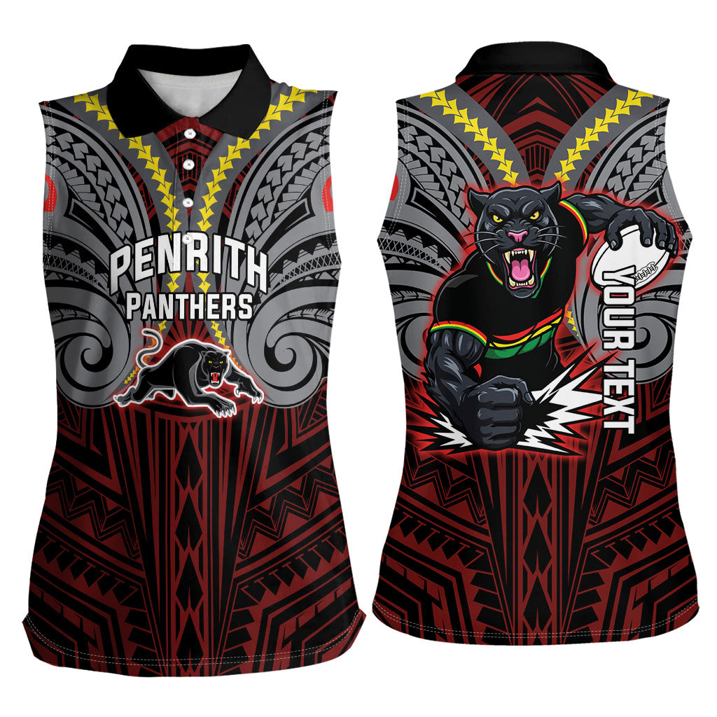 Custom Penrith Panthers Women Sleeveless Polo Shirt Black Panther Warrior Polynesia Islander Rugby Mascot