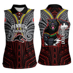 Custom Penrith Panthers Women Sleeveless Polo Shirt Black Panther Warrior Polynesia Islander Rugby Mascot