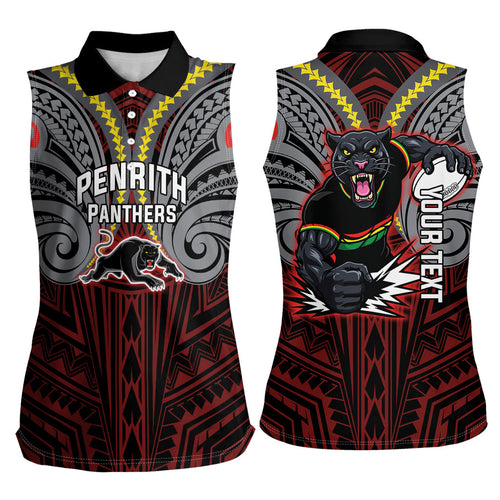 Custom Penrith Panthers Women Sleeveless Polo Shirt Black Panther Warrior Polynesia Islander Rugby Mascot