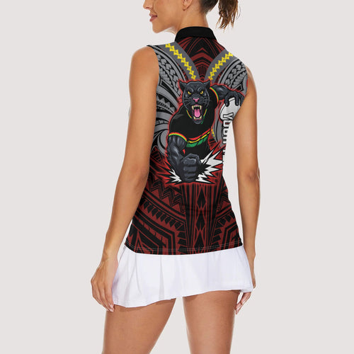 Custom Penrith Panthers Women Sleeveless Polo Shirt Black Panther Warrior Polynesia Islander Rugby Mascot