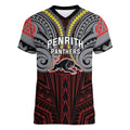 Custom Penrith Panthers Women V-Neck T-Shirt Black Panther Warrior Polynesia Islander Rugby Mascot