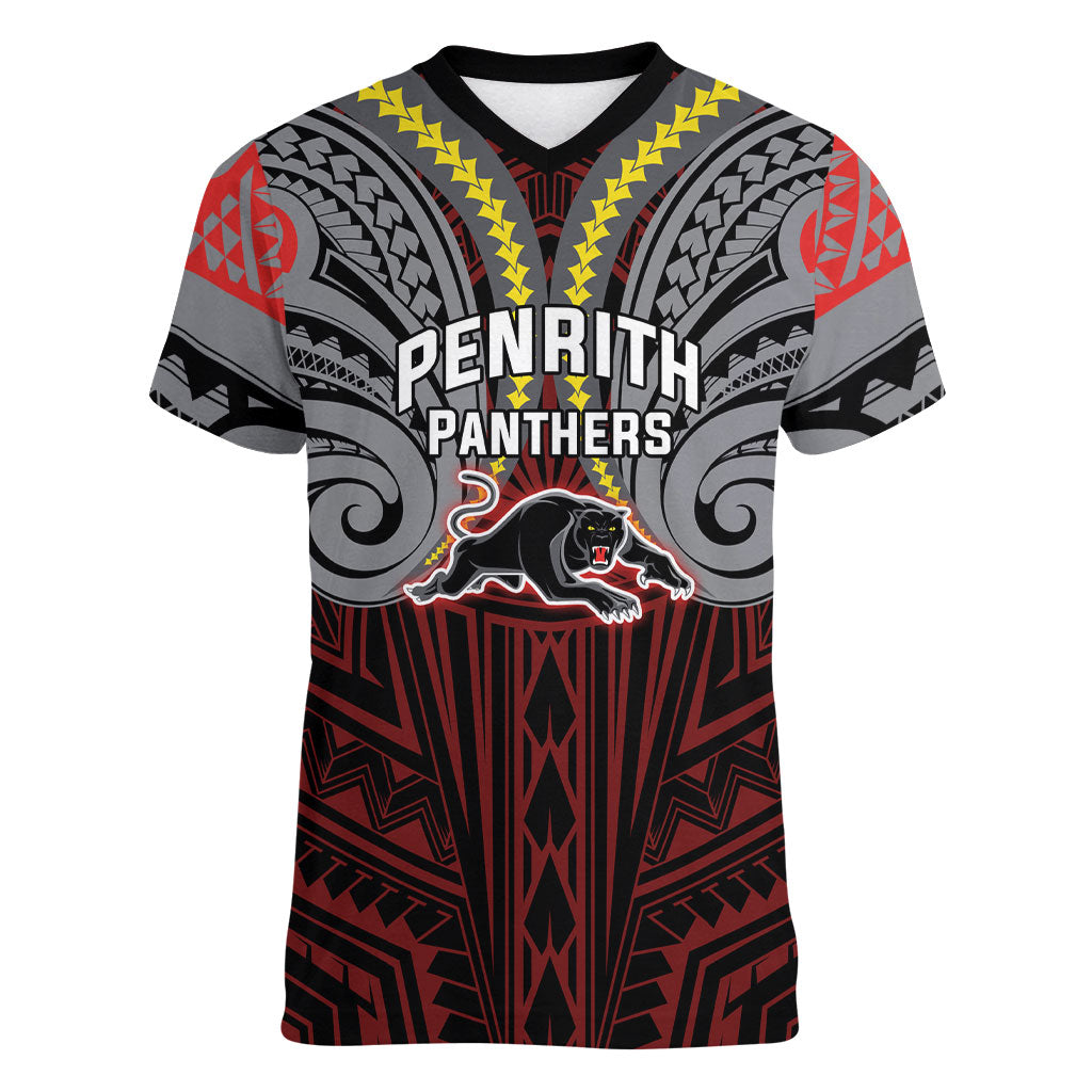Custom Penrith Panthers Women V-Neck T-Shirt Black Panther Warrior Polynesia Islander Rugby Mascot