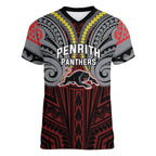 Custom Penrith Panthers Women V-Neck T-Shirt Black Panther Warrior Polynesia Islander Rugby Mascot