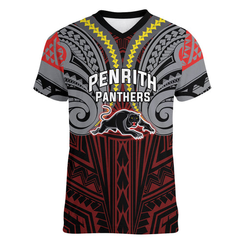 Custom Penrith Panthers Women V-Neck T-Shirt Black Panther Warrior Polynesia Islander Rugby Mascot