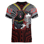 Custom Penrith Panthers Women V-Neck T-Shirt Black Panther Warrior Polynesia Islander Rugby Mascot