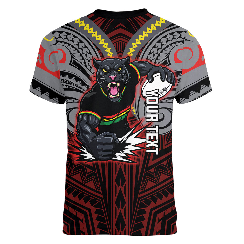 Custom Penrith Panthers Women V-Neck T-Shirt Black Panther Warrior Polynesia Islander Rugby Mascot