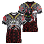 Custom Penrith Panthers Women V-Neck T-Shirt Black Panther Warrior Polynesia Islander Rugby Mascot