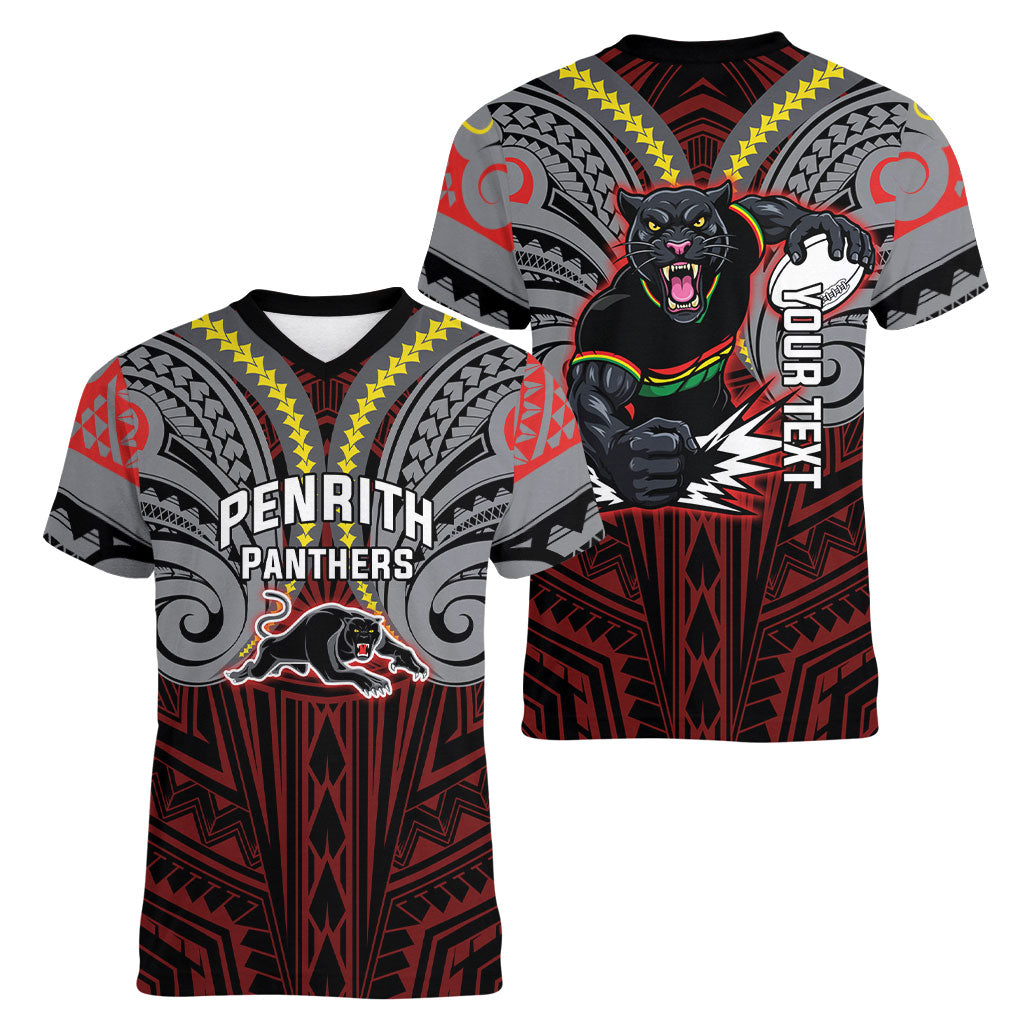Custom Penrith Panthers Women V-Neck T-Shirt Black Panther Warrior Polynesia Islander Rugby Mascot
