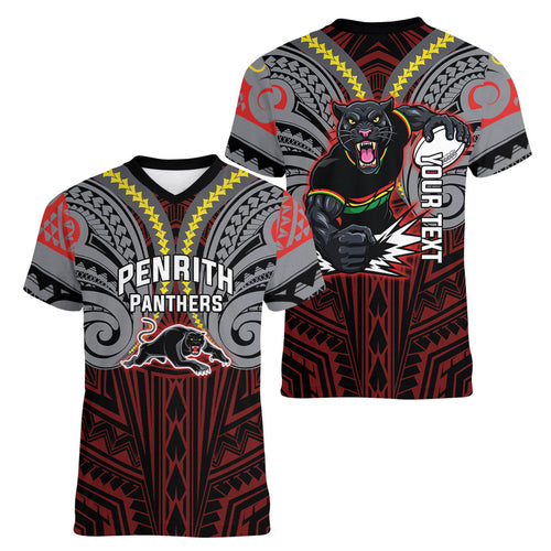 Custom Penrith Panthers Women V-Neck T-Shirt Black Panther Warrior Polynesia Islander Rugby Mascot