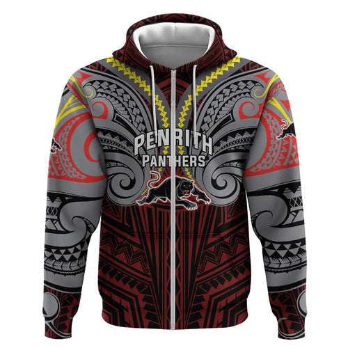 Custom Penrith Panthers Zip Hoodie Black Panther Warrior Polynesia Islander Rugby Mascot
