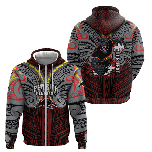Custom Penrith Panthers Zip Hoodie Black Panther Warrior Polynesia Islander Rugby Mascot