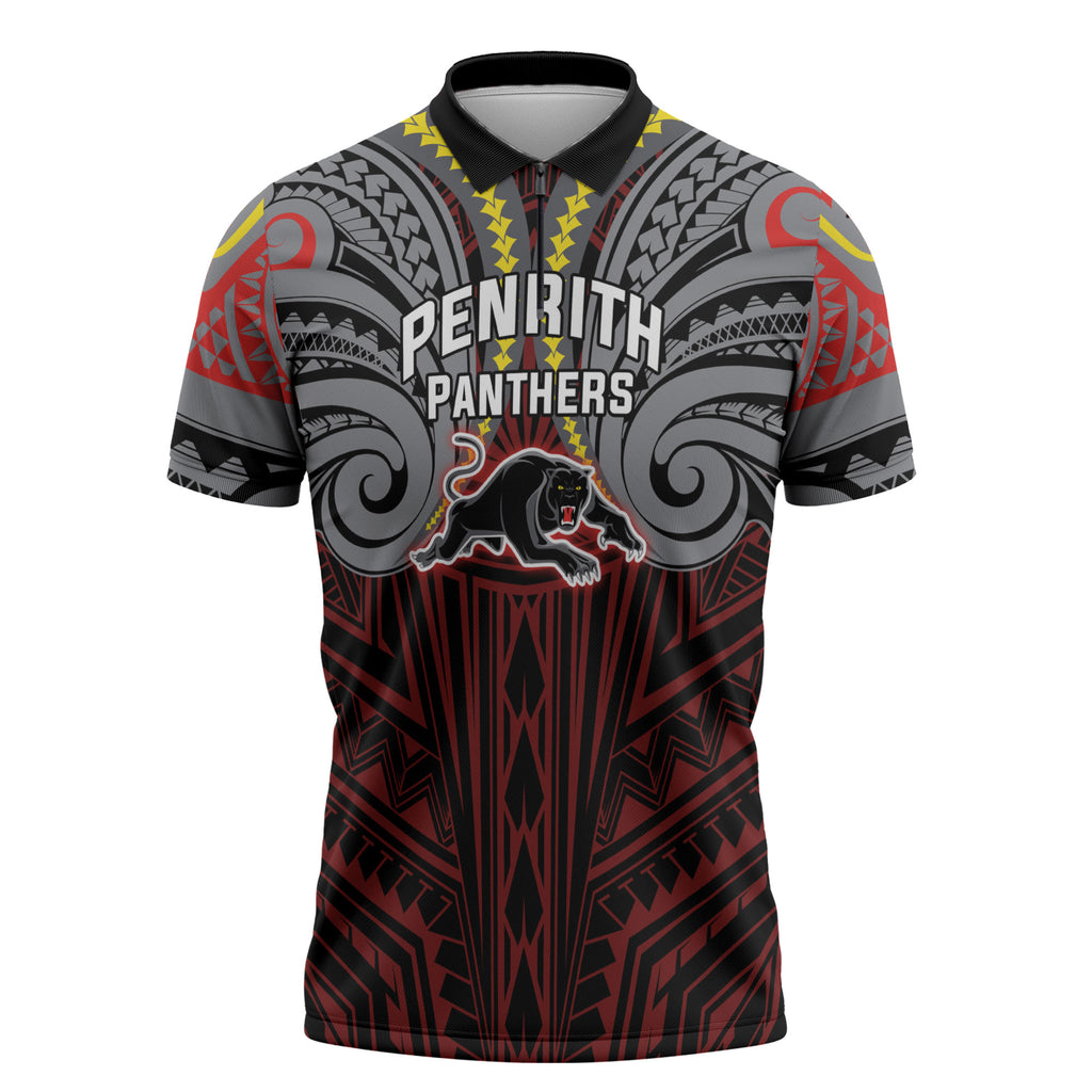 Custom Penrith Panthers Zipper Polo Shirt Black Panther Warrior Polynesia Islander Rugby Mascot
