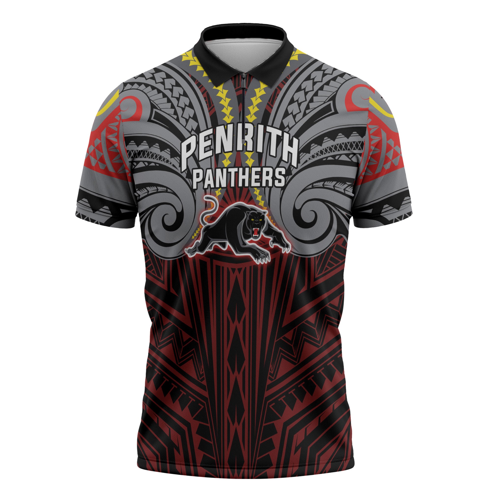 Custom Penrith Panthers Zipper Polo Shirt Black Panther Warrior Polynesia Islander Rugby Mascot