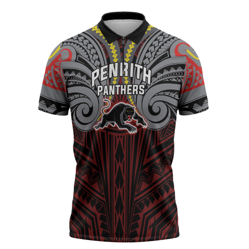 Custom Penrith Panthers Zipper Polo Shirt Black Panther Warrior Polynesia Islander Rugby Mascot