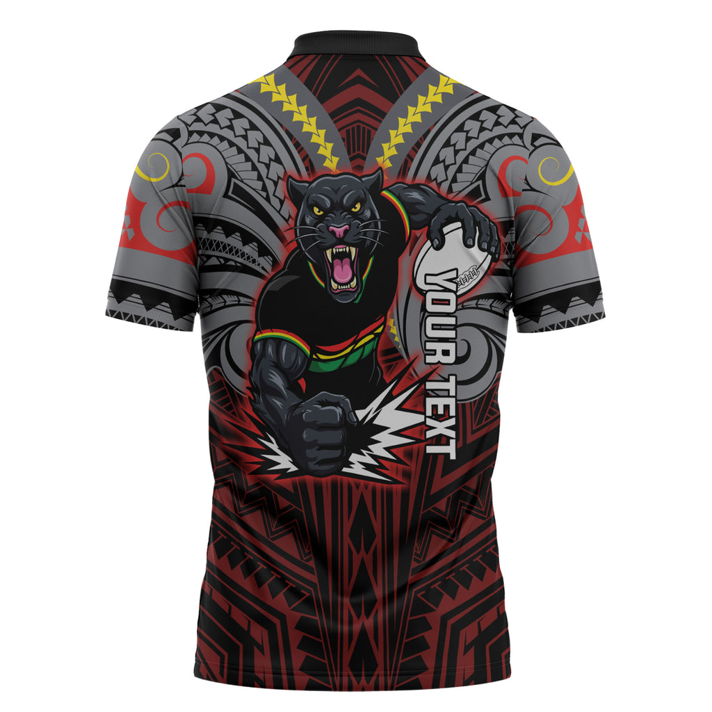 Custom Penrith Panthers Zipper Polo Shirt Black Panther Warrior Polynesia Islander Rugby Mascot