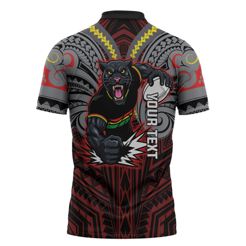 Custom Penrith Panthers Zipper Polo Shirt Black Panther Warrior Polynesia Islander Rugby Mascot