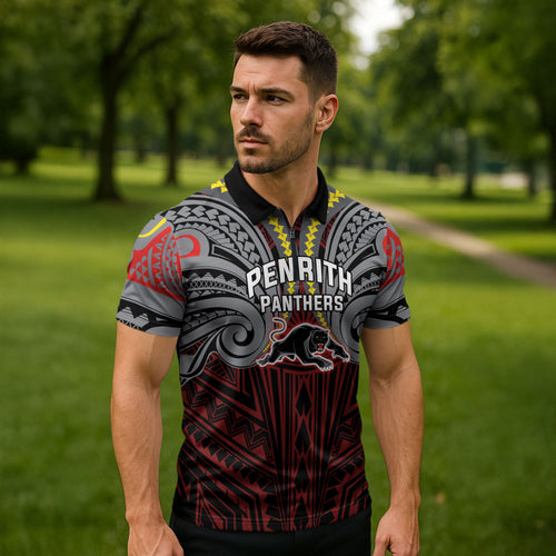 Custom Penrith Panthers Zipper Polo Shirt Black Panther Warrior Polynesia Islander Rugby Mascot
