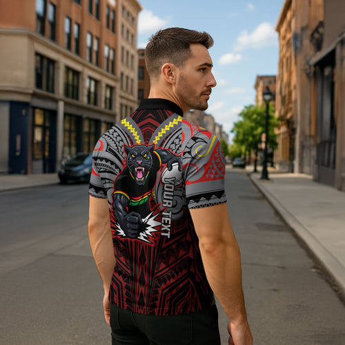 Custom Penrith Panthers Zipper Polo Shirt Black Panther Warrior Polynesia Islander Rugby Mascot