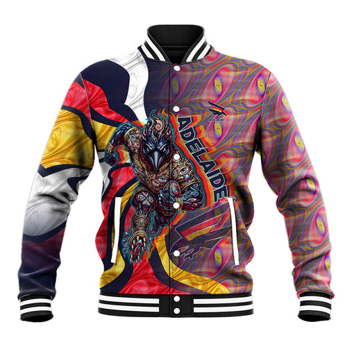 Personalised Adelaide Crows Baseball Jacket Trippy Psychedelic Abstract Art Mascot Football Fans