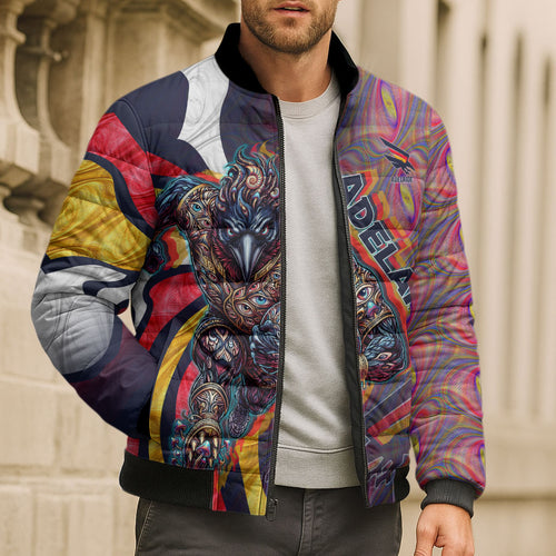 Personalised Adelaide Crows Bomber Puffer Jacket Trippy Psychedelic Abstract Art Mascot Football Fans