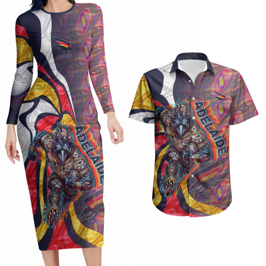Personalised Adelaide Crows Couples Matching Long Sleeve Bodycon Dress and Hawaiian Shirt Trippy Psychedelic Abstract Art Mascot Football Fans