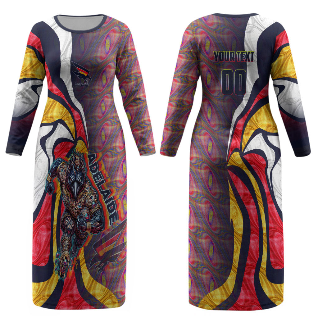 Personalised Adelaide Crows Couples Matching Long Sleeve Bodycon Dress and Hawaiian Shirt Trippy Psychedelic Abstract Art Mascot Football Fans