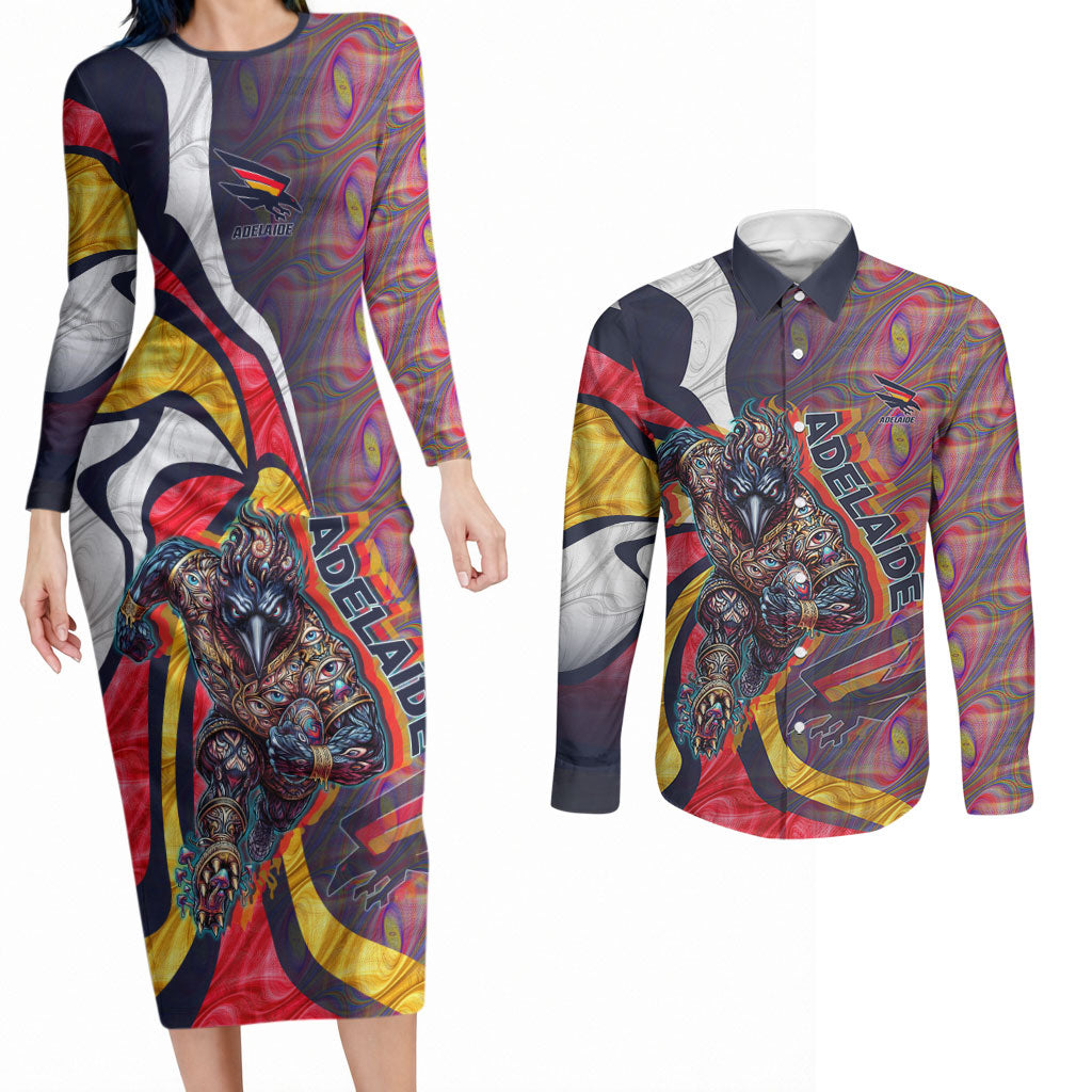 Personalised Adelaide Crows Couples Matching Long Sleeve Bodycon Dress and Long Sleeve Button Shirt Trippy Psychedelic Abstract Art Mascot Football Fans