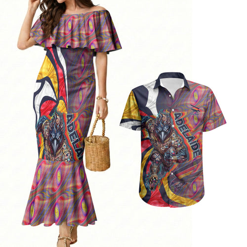 Personalised Adelaide Crows Couples Matching Mermaid Dress and Hawaiian Shirt Trippy Psychedelic Abstract Art Mascot Football Fans