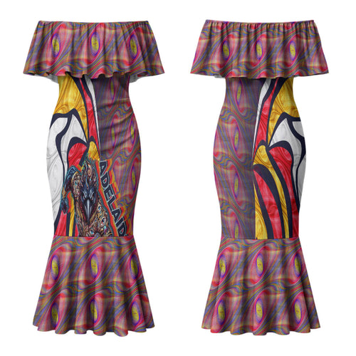 Personalised Adelaide Crows Couples Matching Mermaid Dress and Hawaiian Shirt Trippy Psychedelic Abstract Art Mascot Football Fans