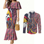 Personalised Adelaide Crows Couples Matching Mermaid Dress and Long Sleeve Button Shirt Trippy Psychedelic Abstract Art Mascot Football Fans