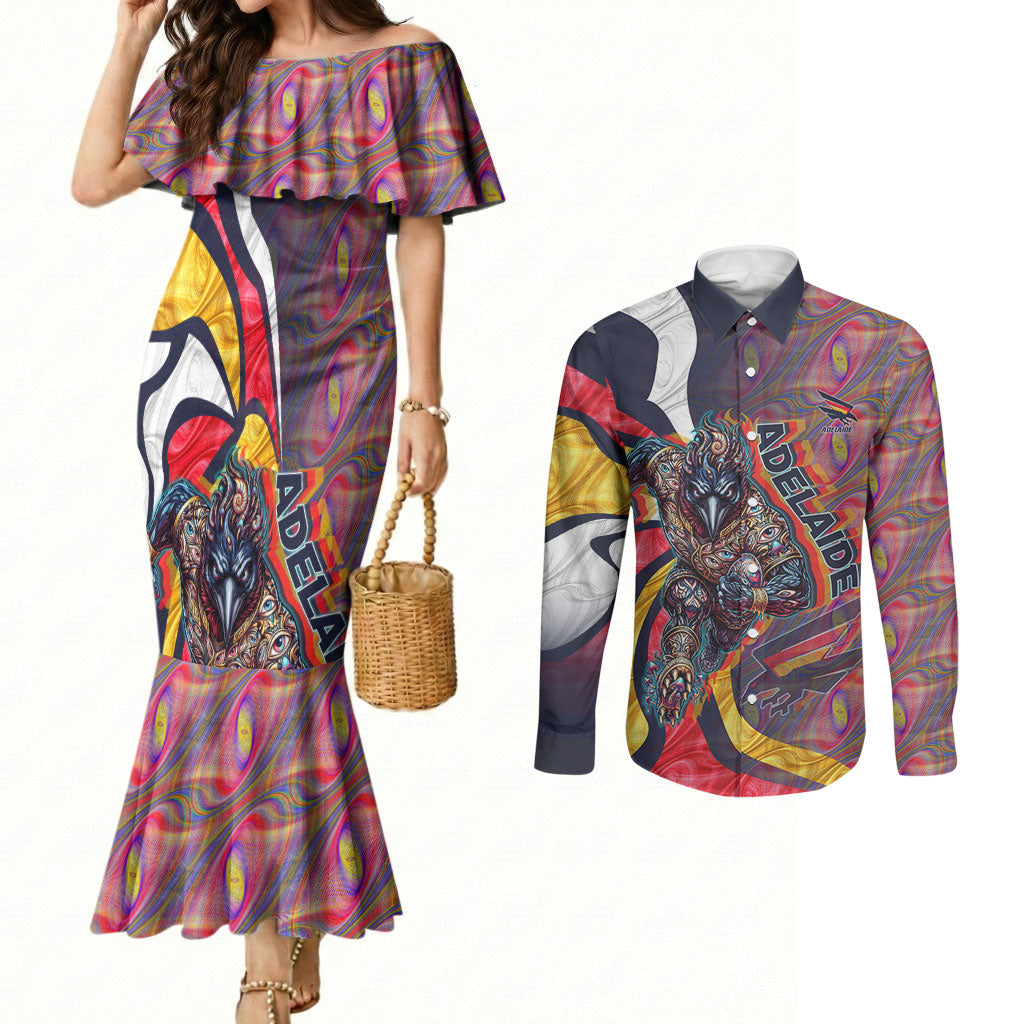 Personalised Adelaide Crows Couples Matching Mermaid Dress and Long Sleeve Button Shirt Trippy Psychedelic Abstract Art Mascot Football Fans