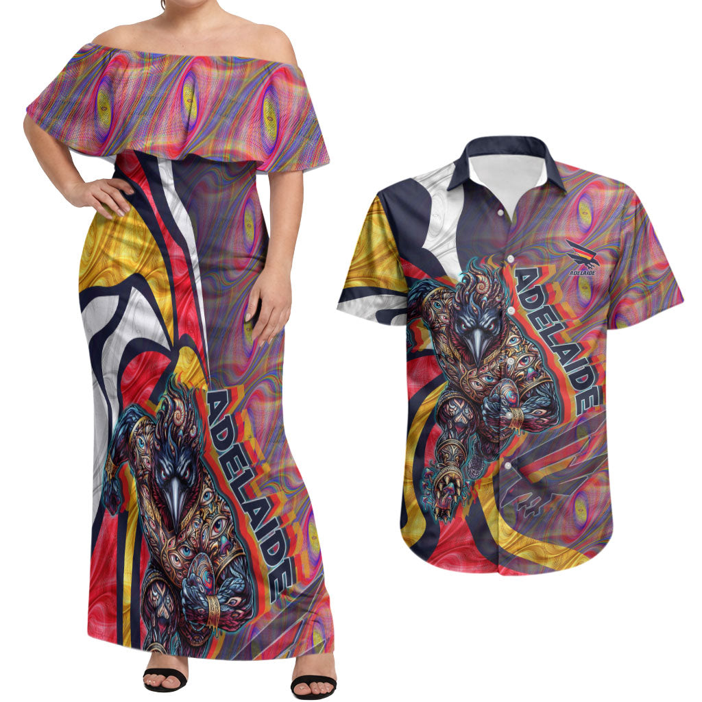 Personalised Adelaide Crows Couples Matching Off Shoulder Maxi Dress and Hawaiian Shirt Trippy Psychedelic Abstract Art Mascot Football Fans