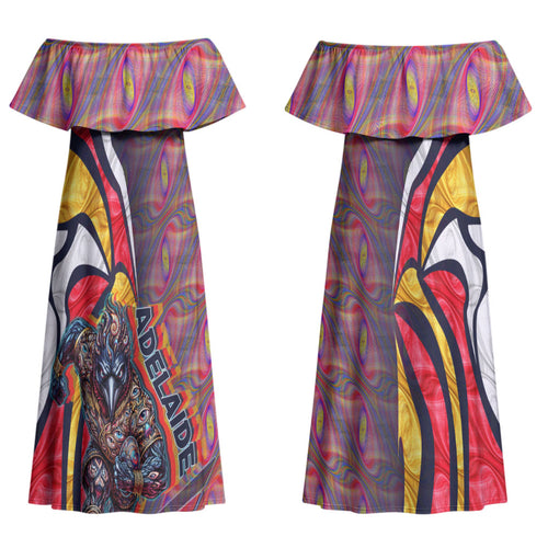 Personalised Adelaide Crows Couples Matching Off Shoulder Maxi Dress and Hawaiian Shirt Trippy Psychedelic Abstract Art Mascot Football Fans