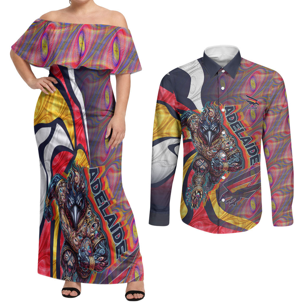 Personalised Adelaide Crows Couples Matching Off Shoulder Maxi Dress and Long Sleeve Button Shirt Trippy Psychedelic Abstract Art Mascot Football Fans